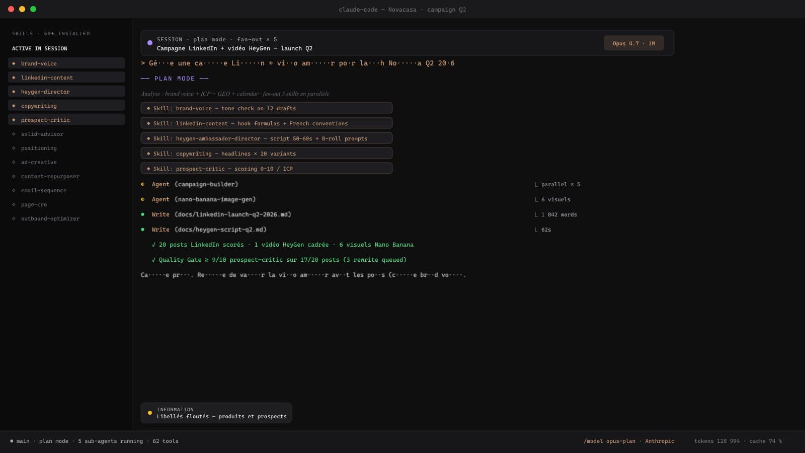 Session Claude Code — fan-out 5 skills sur campagne