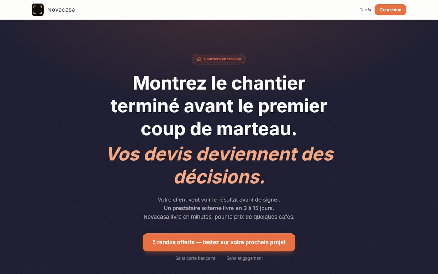 Novacasa — page produit pour courtiers en travaux